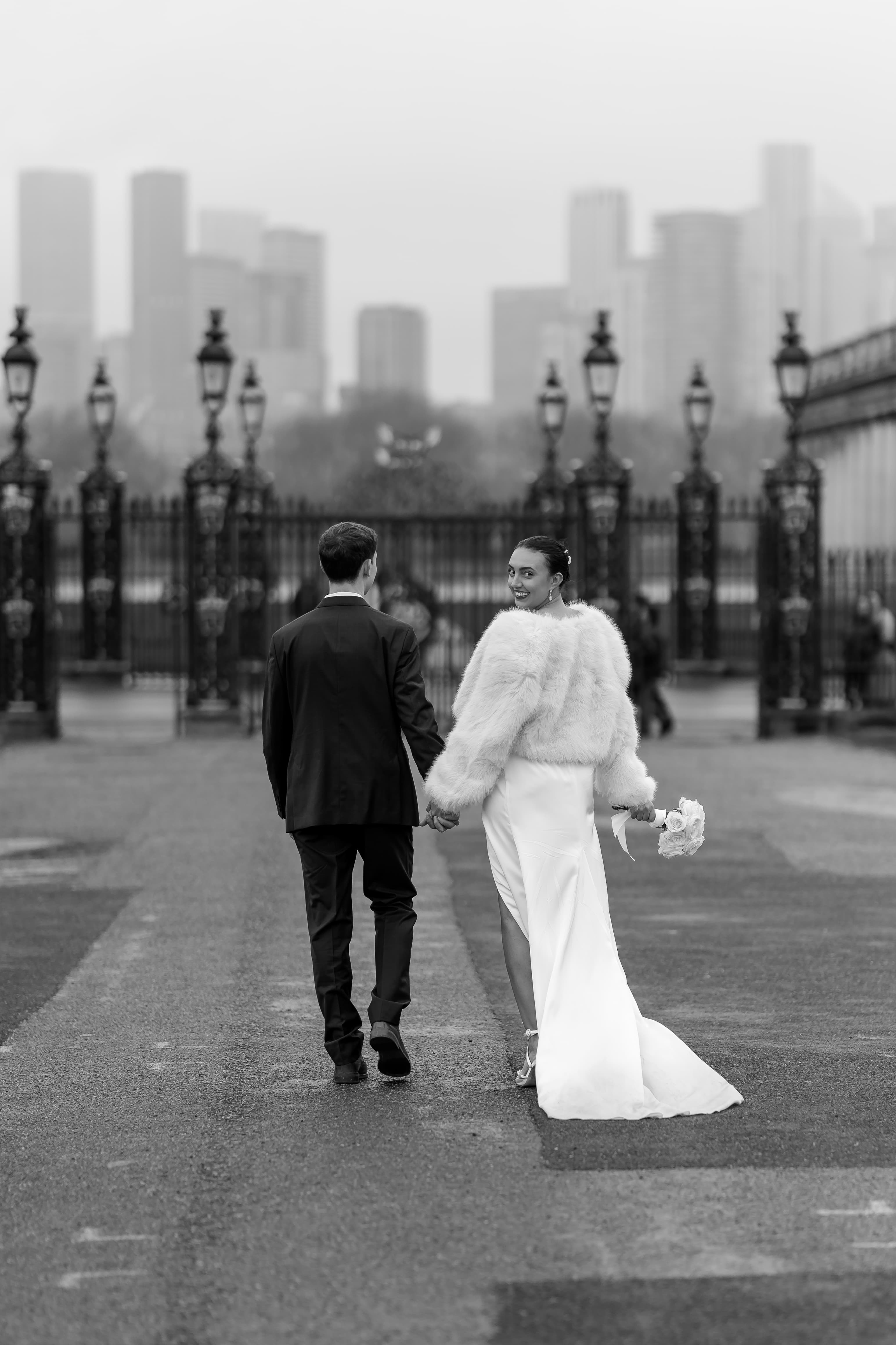 Black and white wedding photography showing city view from  The Queen's House in Greenwich